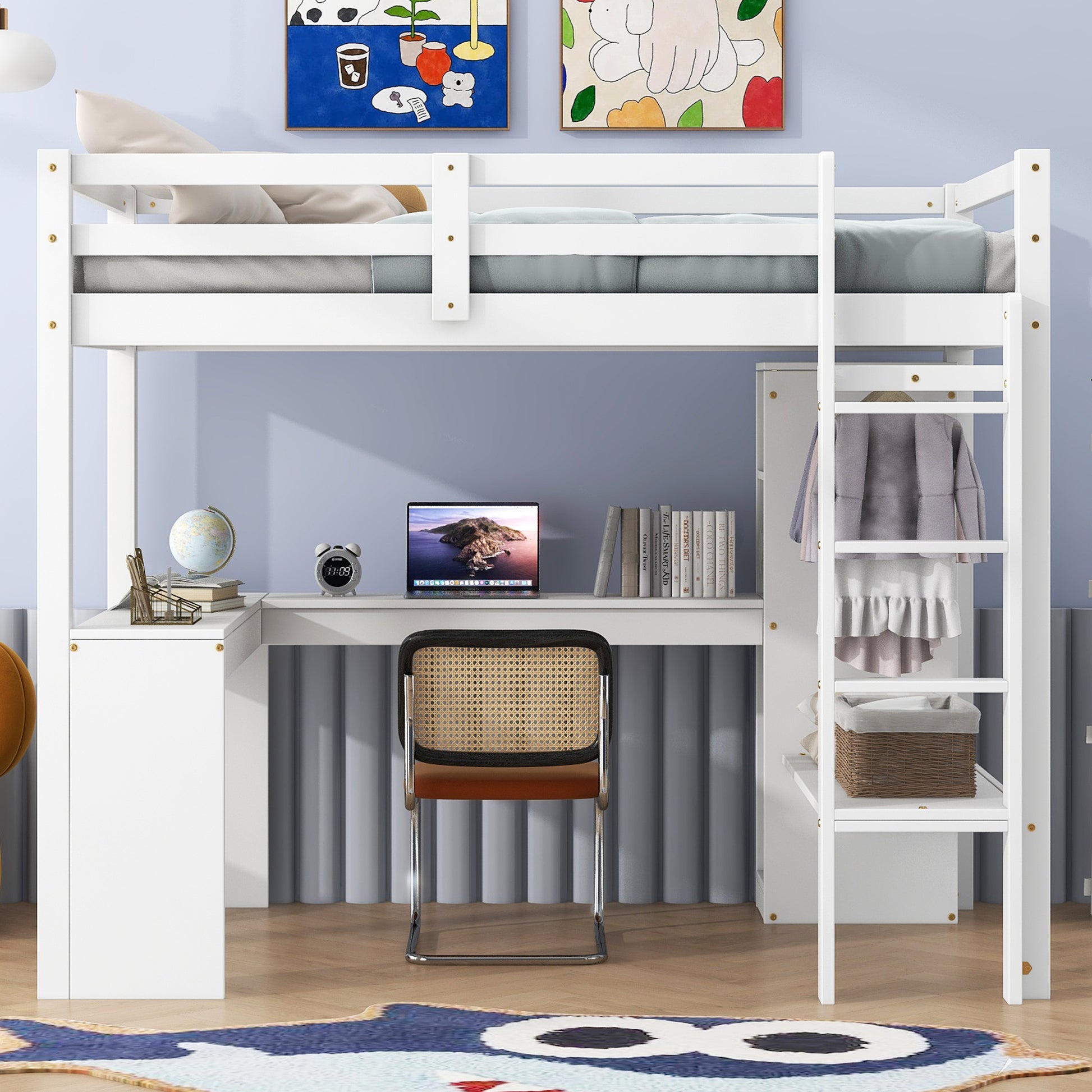 Twin Size Loft Bed With L Shaped Desk, Wardrobe And Storage Shelves, White Box Spring Not Required Twin White Wood Bedroom Solid Wood Mdf