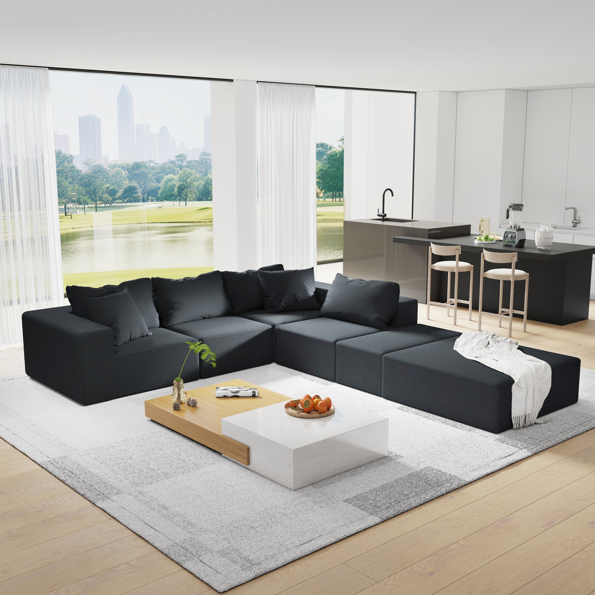 Modern Upholstered Sectional Sofa Couch Set,Modular 132" L Shaped Sectional Living Room Sofa Set With 6 Pillows,Free Combination Sofa Couch For Living Room,Bedroom Black Foam Chenille 6 Seat