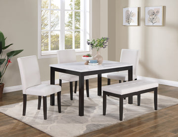 Classic Stylish 5Pc Dining Set Kitchen Dinette Faux Marble Top Table Bench And 3X Chairs White Faux Leather Cushions Seats Dining Room Upholstered Chair White Solid Back Seats 4 Wood Dining Room 48 Inches Contemporary,Modern,Transitional 4 Leg