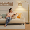 Arc Floor Lamp For Bedroom With Rattan & Linen Shades, Gold Floor Lamp With Remote & Dimming Bulb, Rustic Standing Lamp With 3 Color Temperatures, Adjustable Height Farmhouse Tall Lamp For Living