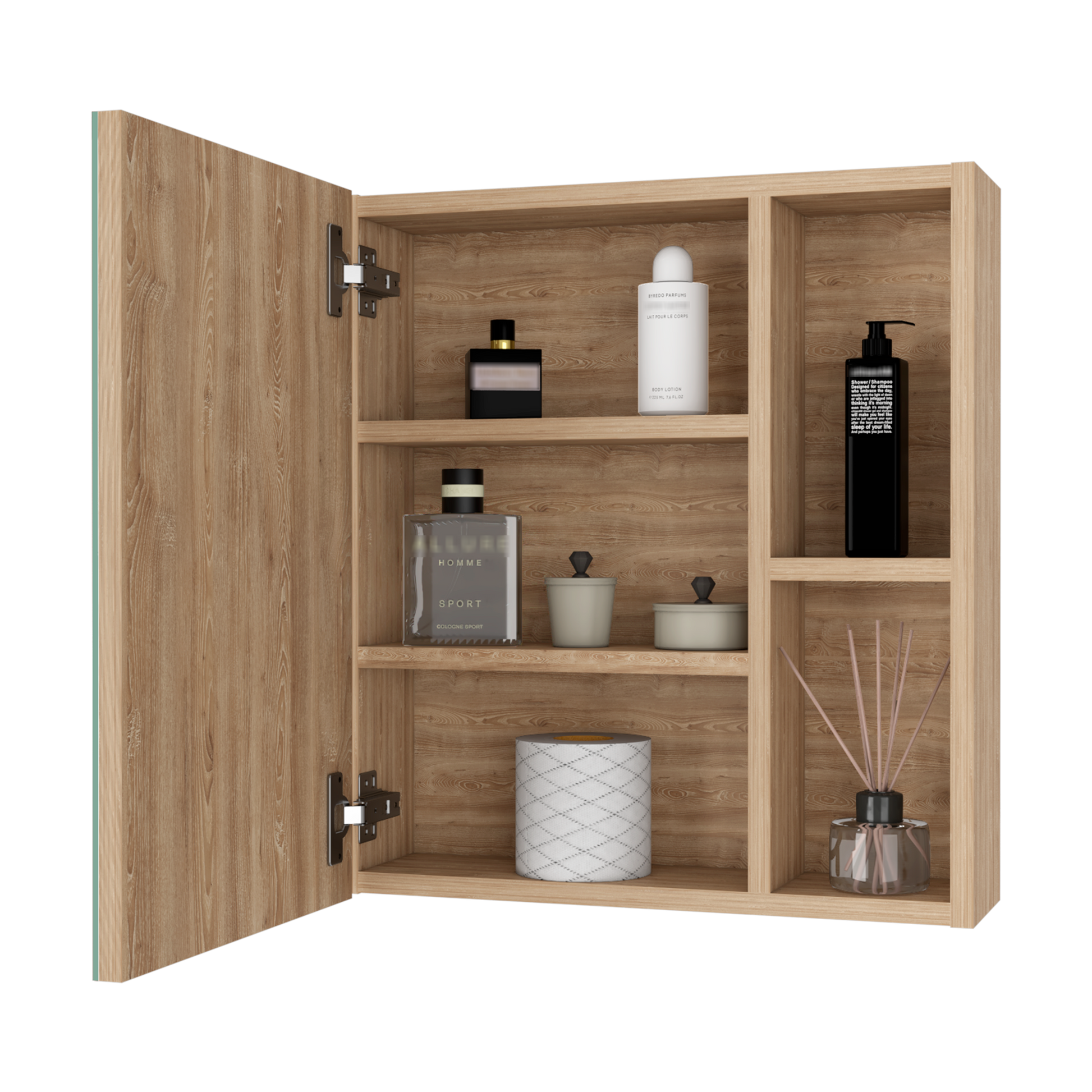 Lincoln Mirrored Medicine Cabinet, Five Interior Shelves Beige 5 Bathroom Wall Mounted Modern Mdf Engineered Wood