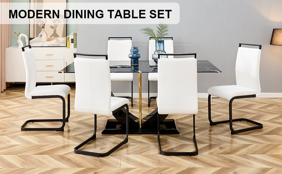 Table And Chair Set, Modern Dining Table, Patterned Table Top And Black Mdf Table Legs, Soft And Comfortable Dining Chair, Perfect For Dinner, Meetings, Home And Office Decor White Black Mdf Glass