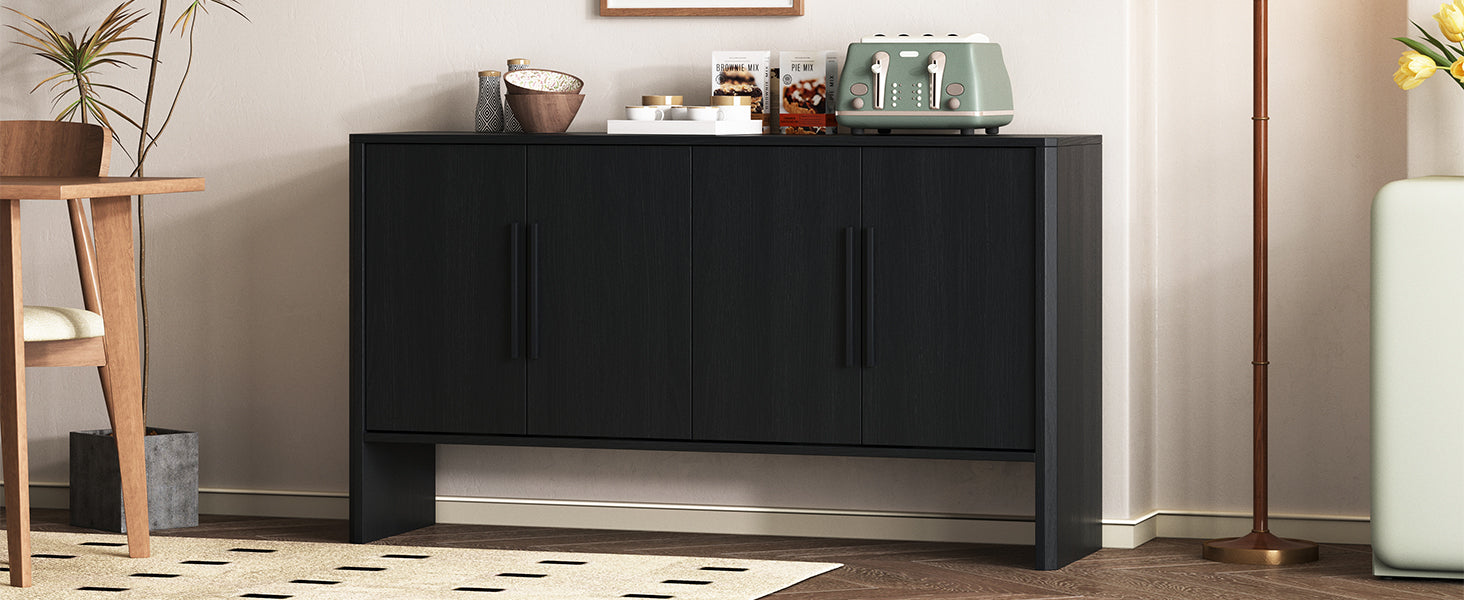 4 Door Large Storage Retro Sideboard With Adjustable Shelves And Long Handles For Kitchen, Dining Room And Living Room Black Black Mdf