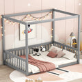 Full Size Canopy Frame Floor Bed With Fence, Guardrails,Grey Full Grey American Design Pine