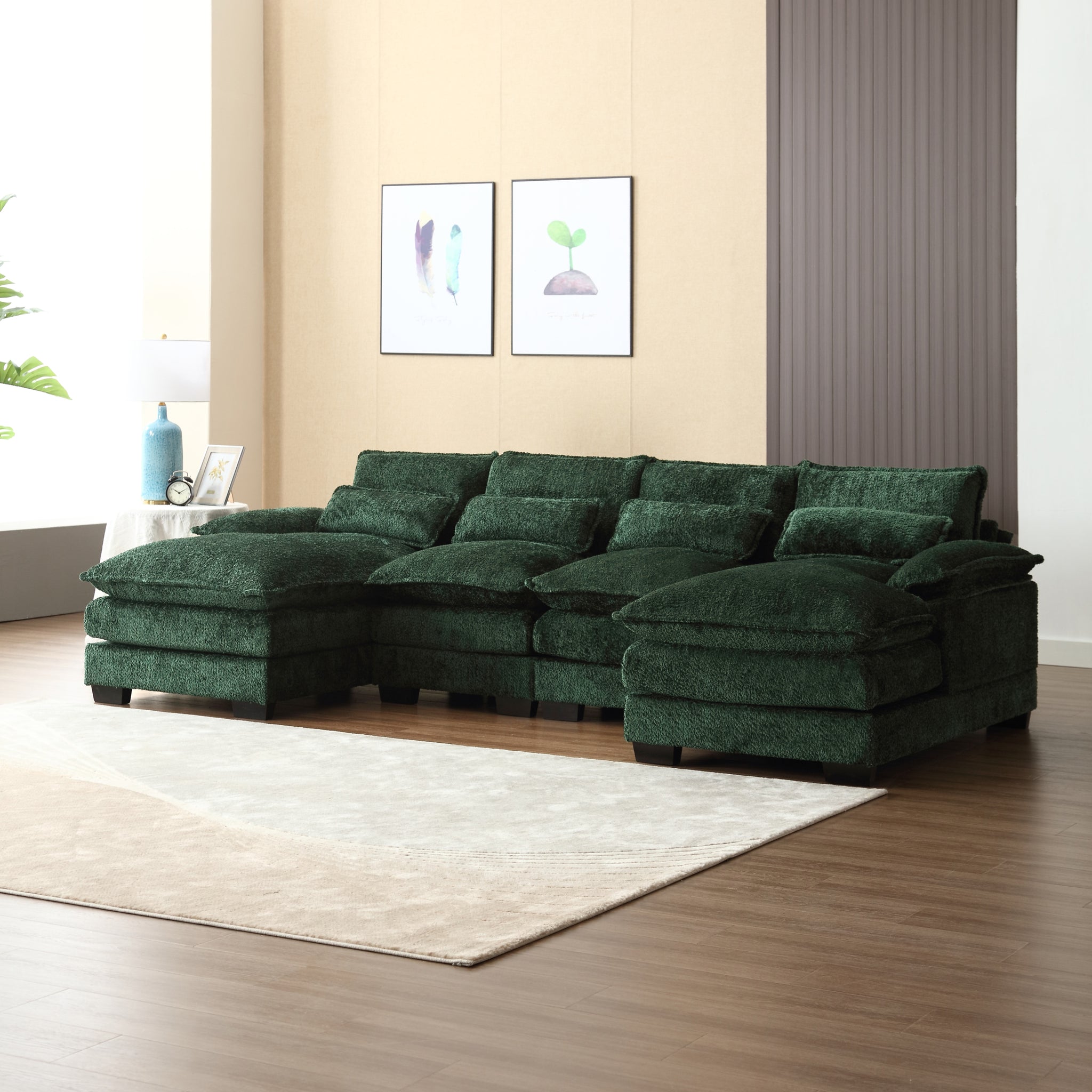 United We Win Modern Large Chenille Fabric U Shape Sectional Sofa,Strong Support For Up To 500 Pounds, Filled With High Quality High Density Sponge And High Quality Memory Foam Emerald Chenille 4 Seat