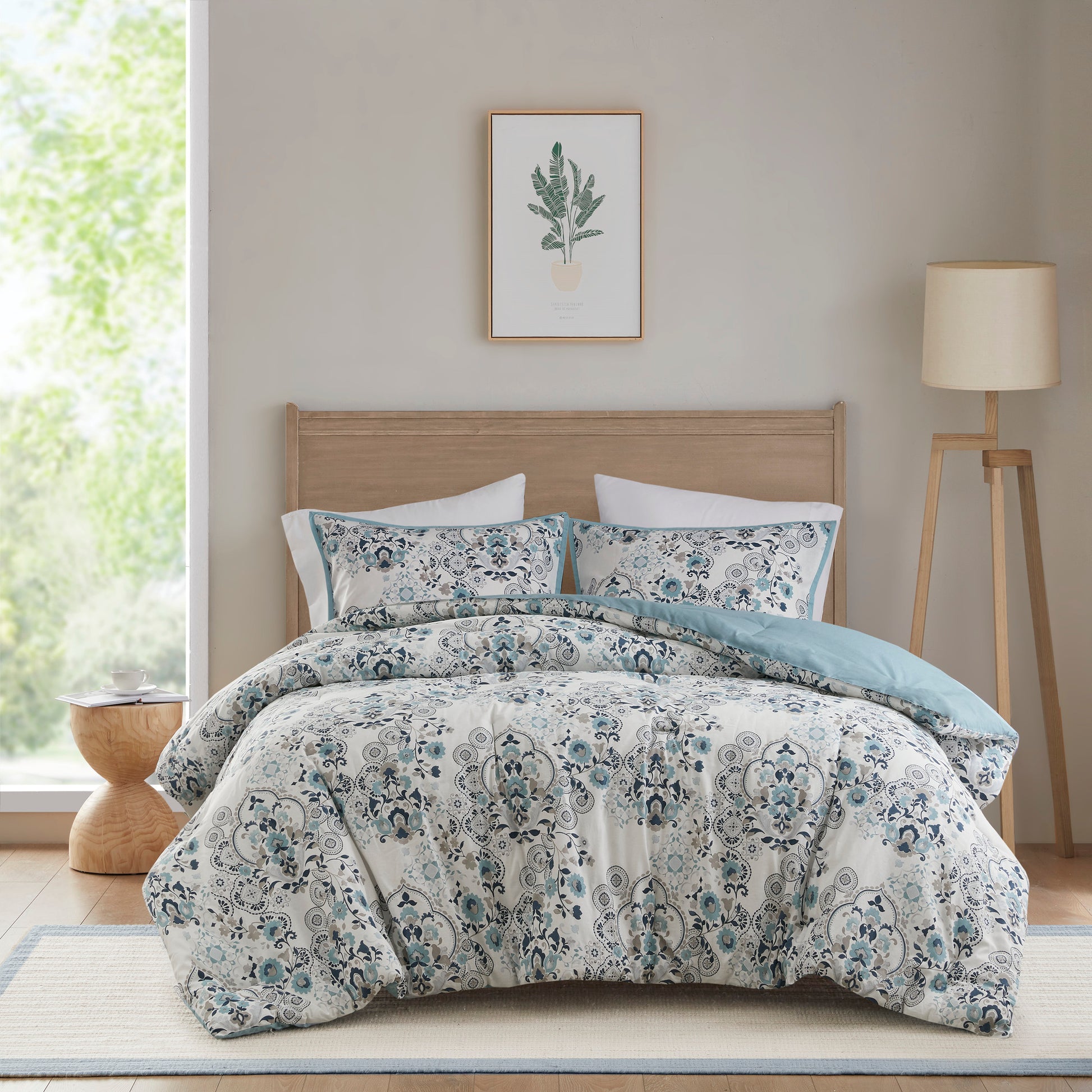 3 Piece Floral Printed Cotton Comforter Set Blue King Cal King King Blue Cotton