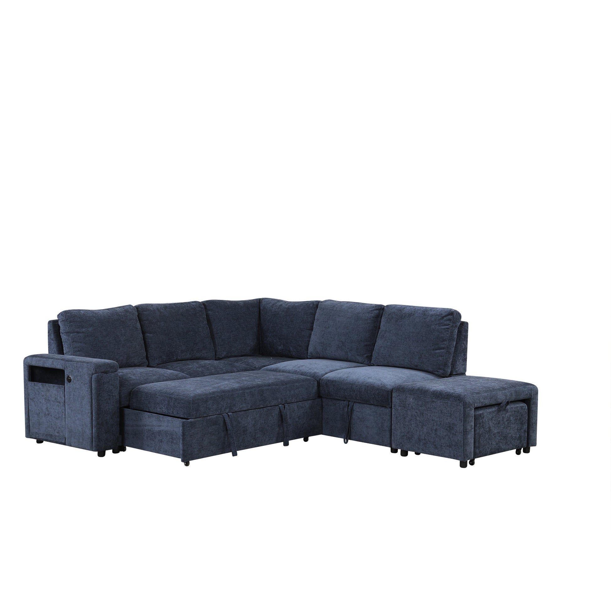 L Shaped Padded Modular Sofa With Storage Space, Usb Ports, And Cup Holders On The Armrests, Suitable For Living Rooms, Offices, And Apartments. Blue Wood Polyester 5 Seat