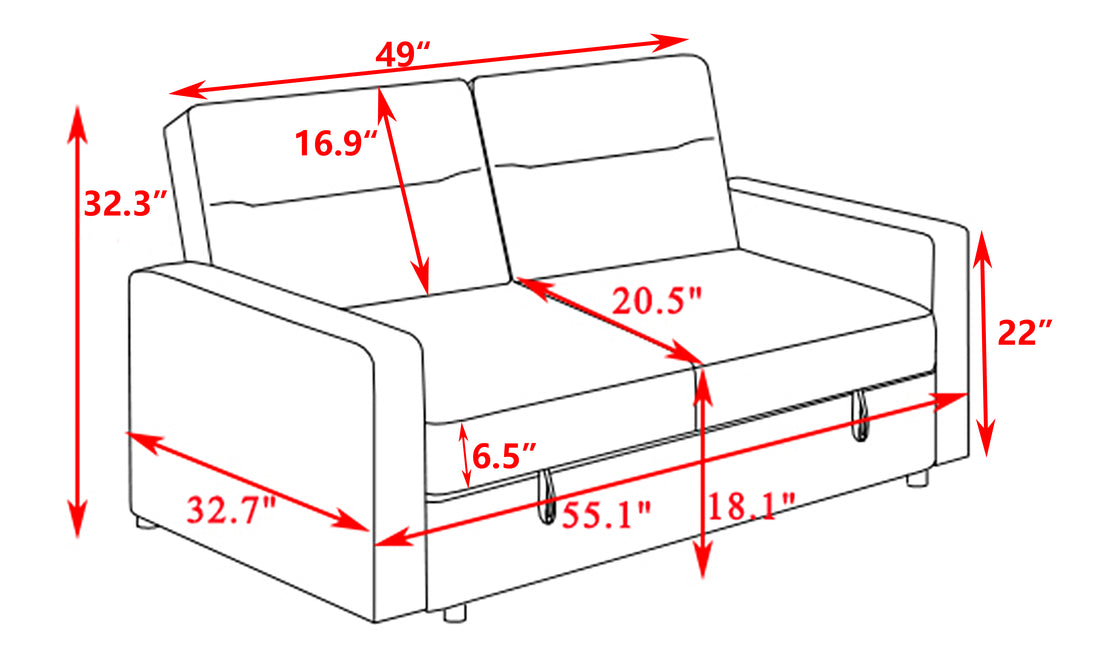 Loveseat Sleeper Pull Out Couch 3 In 1 Sofa Bed Adjustable Backrest Light Blue Wood Fabric