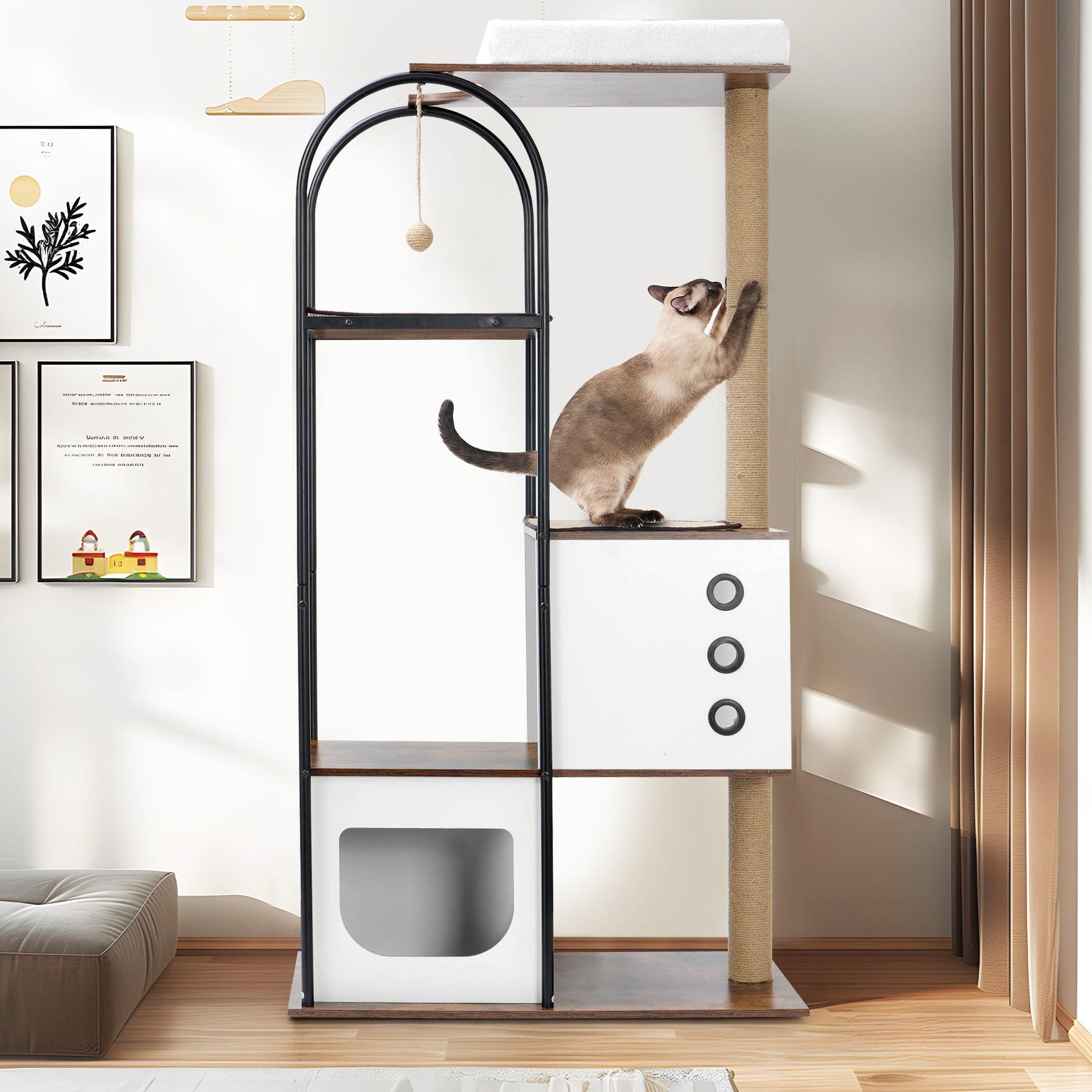 Cat Climbing Frame,Cat Tree,Modern Cat Tower, Multi Level Cat Condo With 1 Caves,2 Scratching Posts,Perch,For Indoor Cats White Vintage Modern,Vintage Particle Board