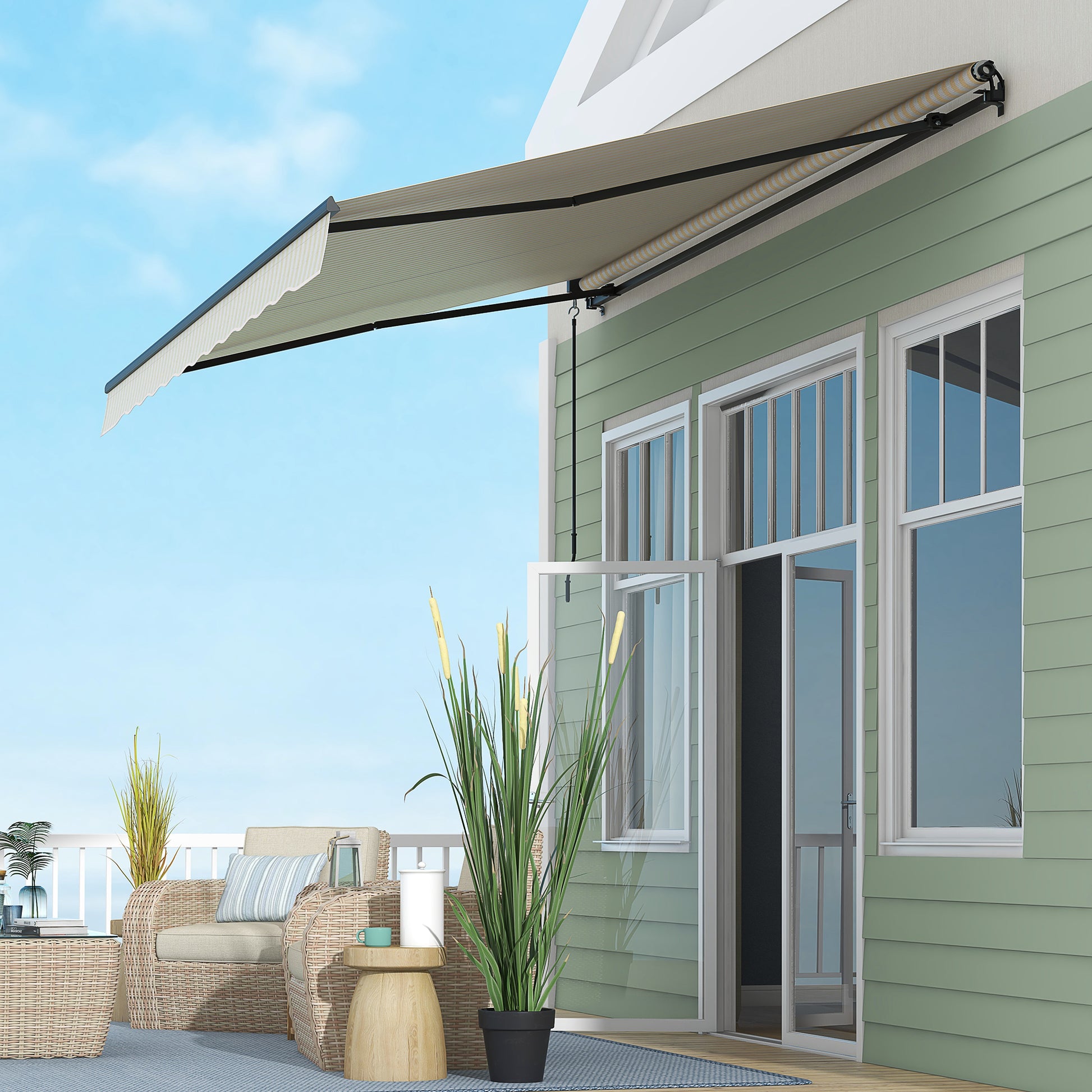 Outsunny 13' X 10' Retractable Awning, Patio Awning Sunshade Shelter With Manual Crank Handle, 280Gsm Uv Resistant Fabric And Aluminum Frame For Deck, Balcony, Yard, Beige And White Beige Polyester