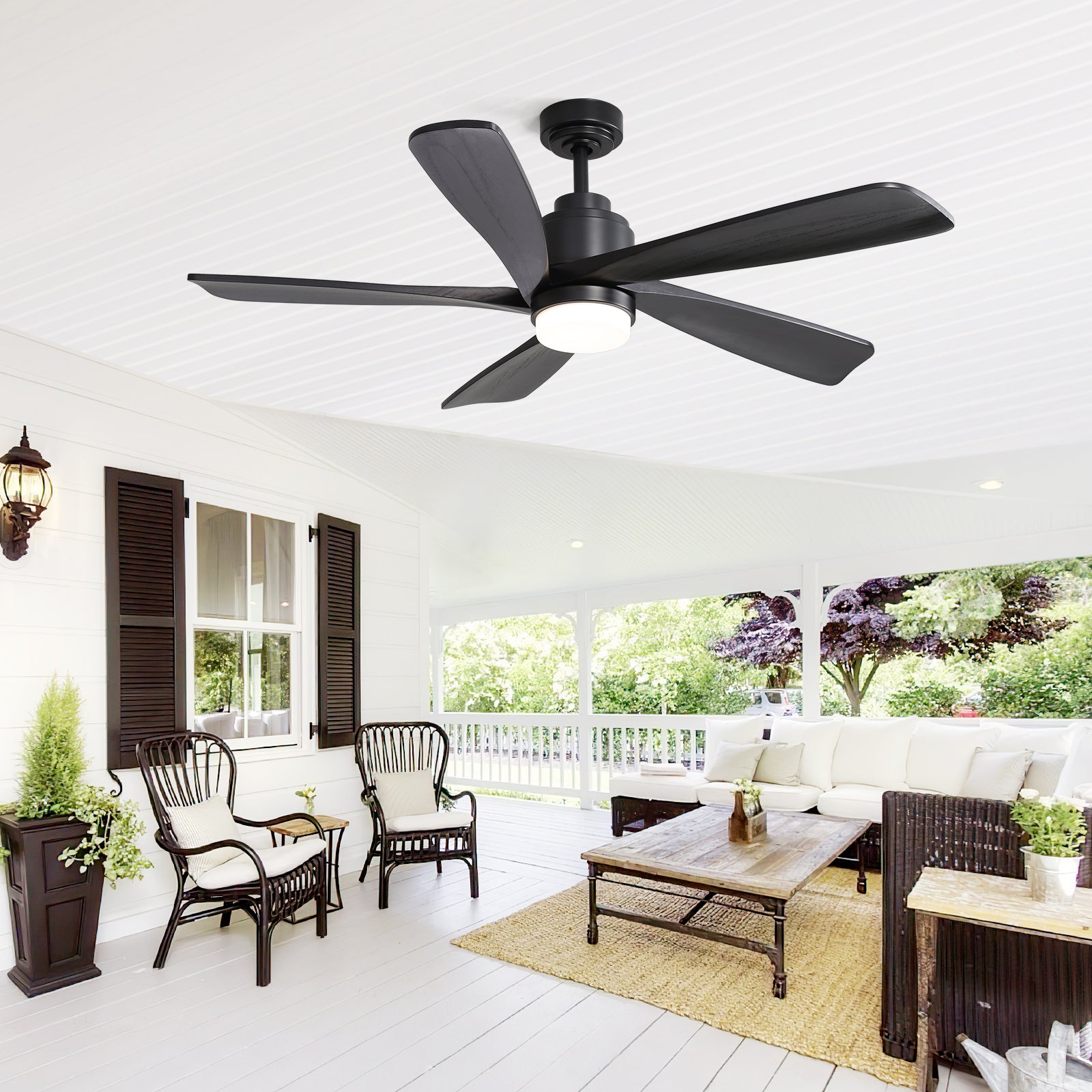 52 Inch Ceiling Fan With Dimmable Led Light 5 Solid Wood Blades Smart Remote Control Reversible Dc Motor Ceiling Fan Black For Home Black Metal & Wood