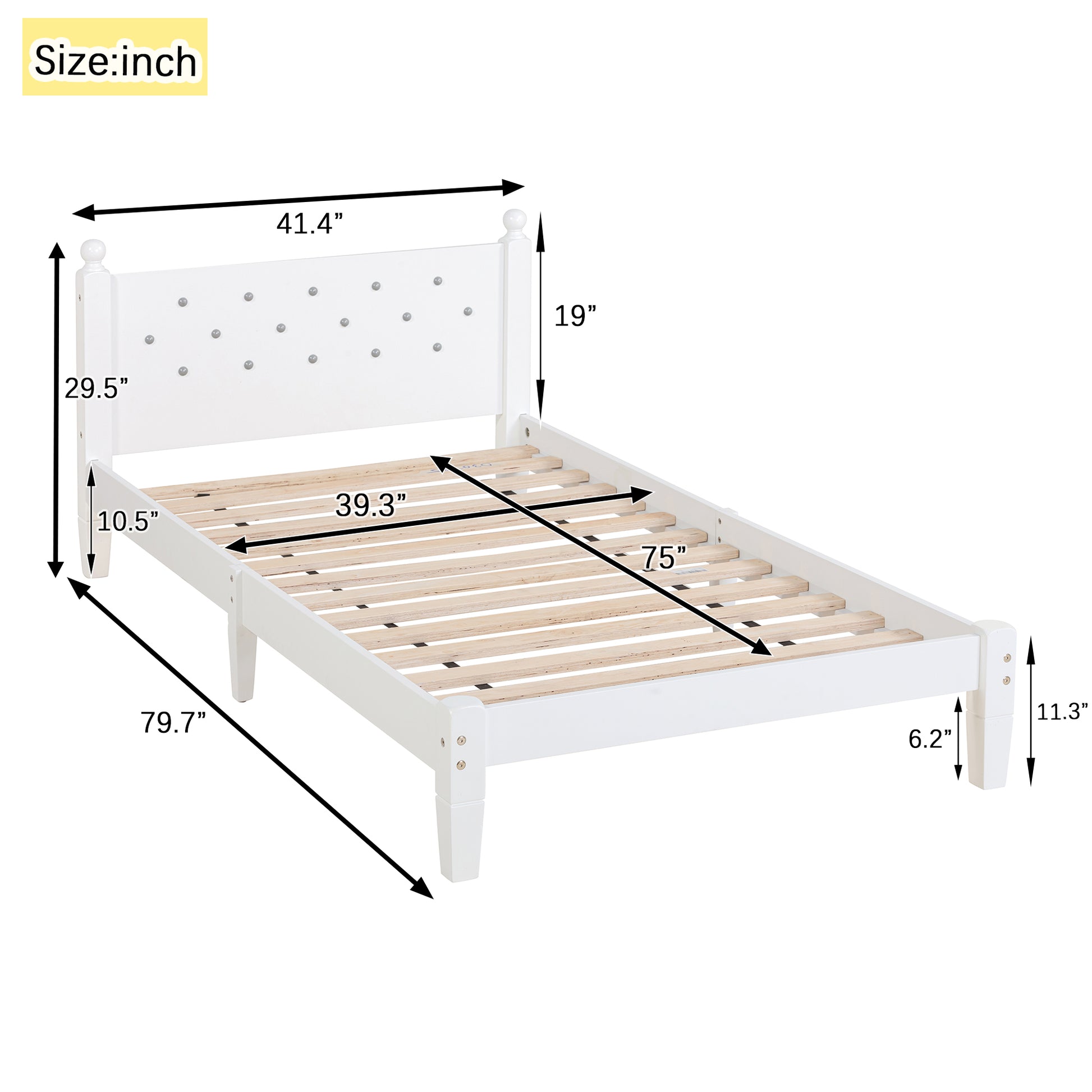 Twin Bed With Button Decoration Headboard, With Bed Slats,White Twin White Pine