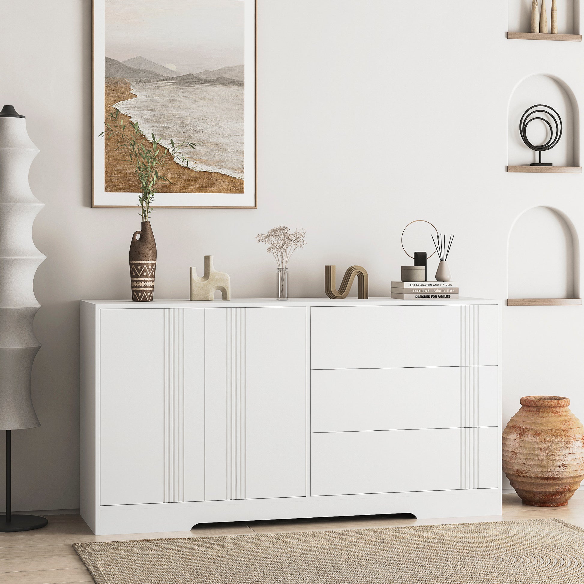 Sideboard Buffet Cabinet With Storage, Modern Kitchen Buffet Storage Cabinet With Drawer And Doors, Large Coffee Bar With Adjustable Shelves For Kitchen White Mdf