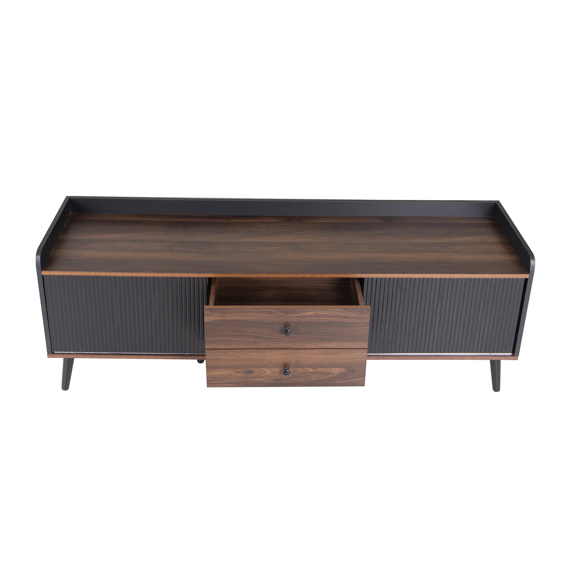 63'' Mid Century Tv Stand With 2 Cabinets& Open Compartments, Entertainment Center For Tvs Up To 70'', Television Console For Living Room, Bedroom, Home Theatre Dark Coffee Black Primary Living