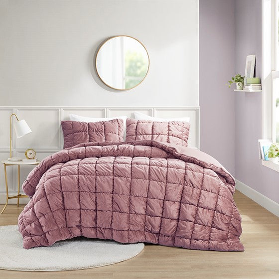 3 Piece Comforter Set King Pink Polyester