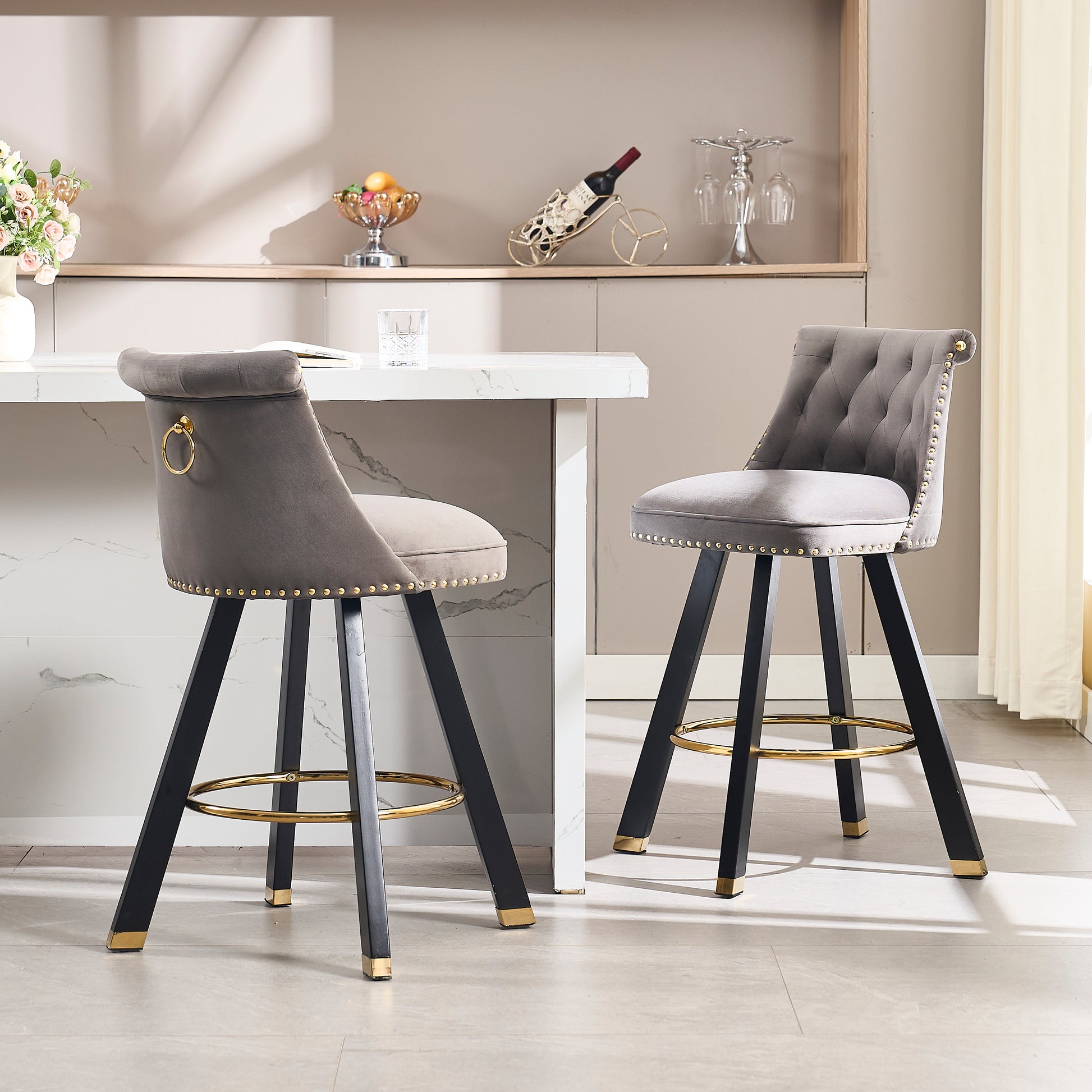 Coolmore Set Of 2,Back Pull Point Design, Velvet Material, 360 Degree Rotation, Back Pull Loop Detachable Design, Rivet Decoration, Square Foot Wooden Bar Chair Dark Gray Velvet