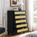 Bedroom 5 Drawer Dresser, Rattan Dresser Modern Wooden Chest Of Drawers With Spacious Storage Space For Bedroom Hallway Living Room Black Solid Wood Mdf