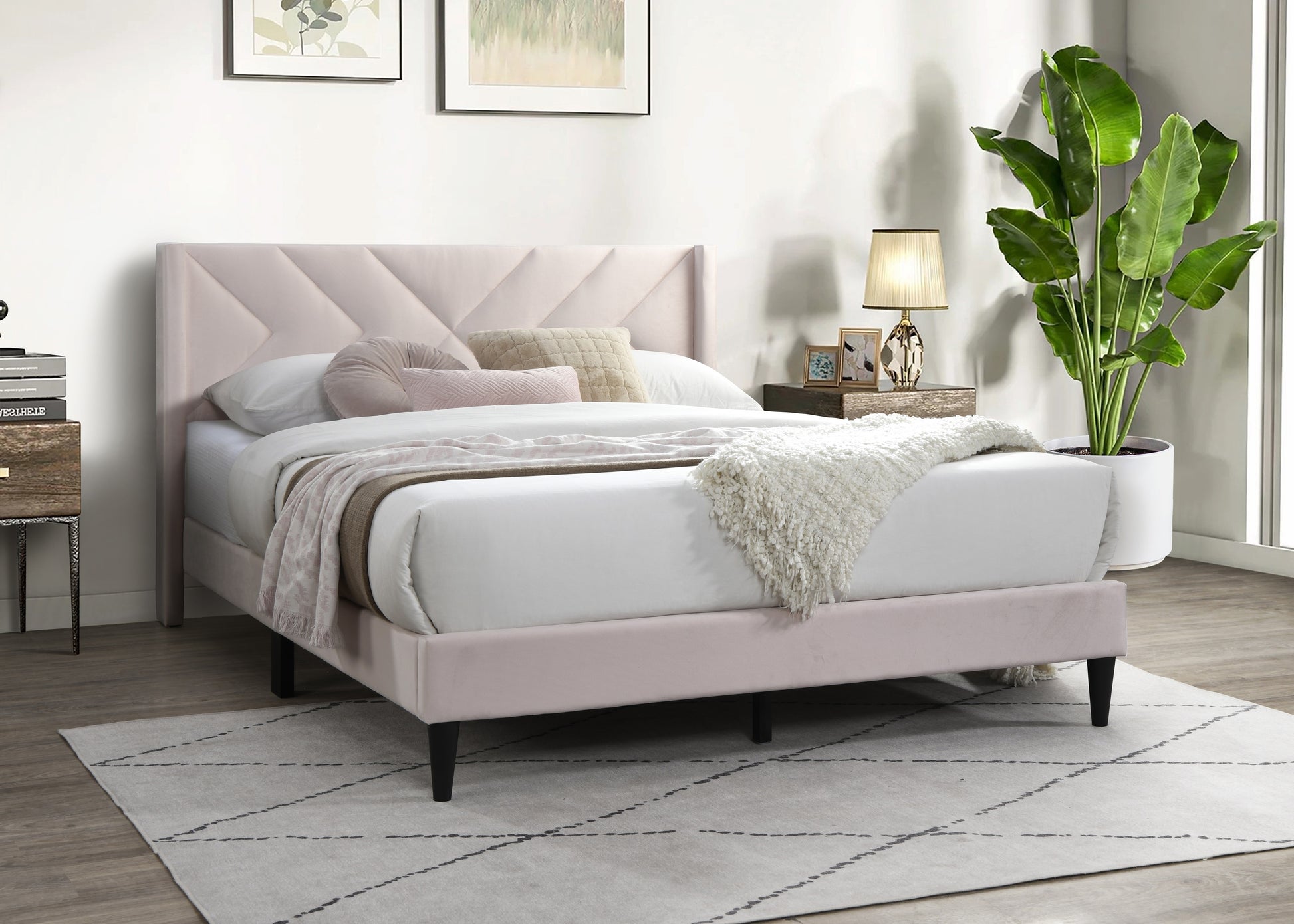 Elegant Modern Light Pink Velvet Upholstered Queen Size Bed Clean Lines Design Headboard 1Pc Bedframe Box Spring Not Required Queen Light Pink Wood Bedroom Contemporary,Modern Bed Frame Velvet