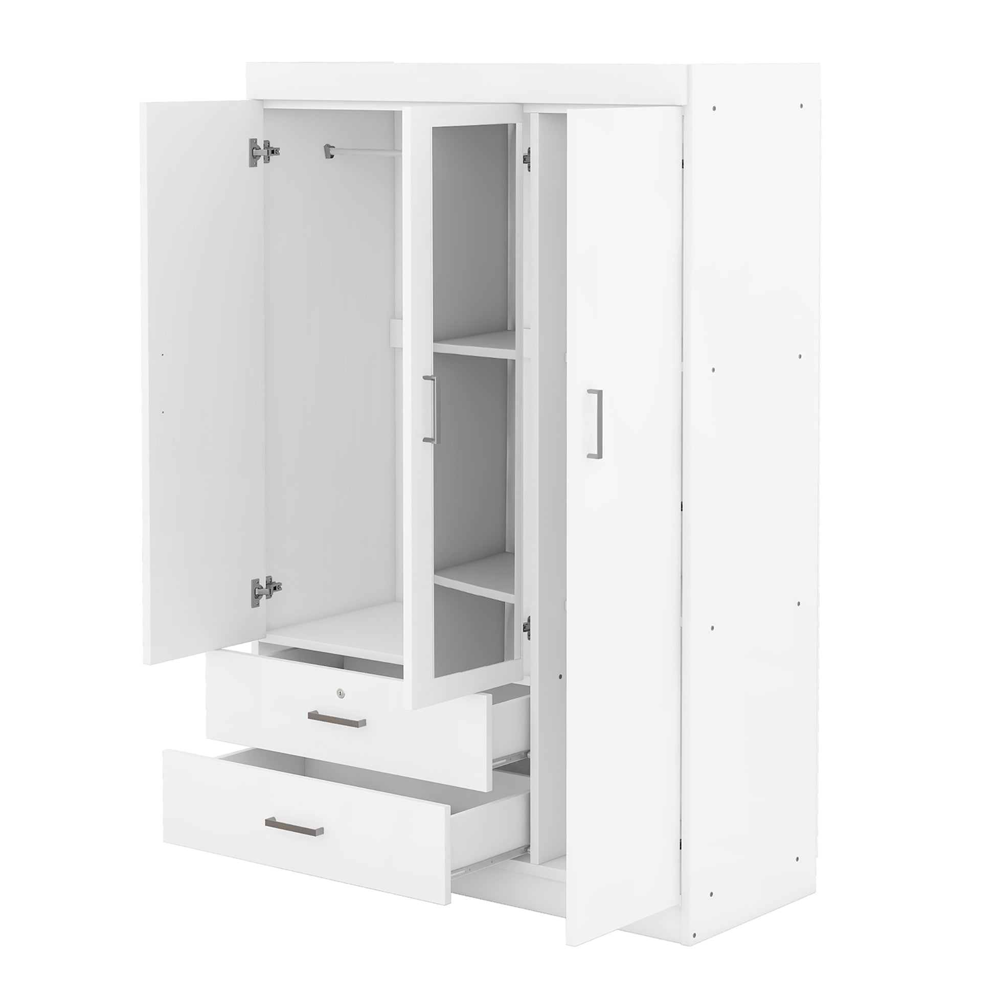 3 Door Mirror Wardrobe With Shelves, White White Plywood