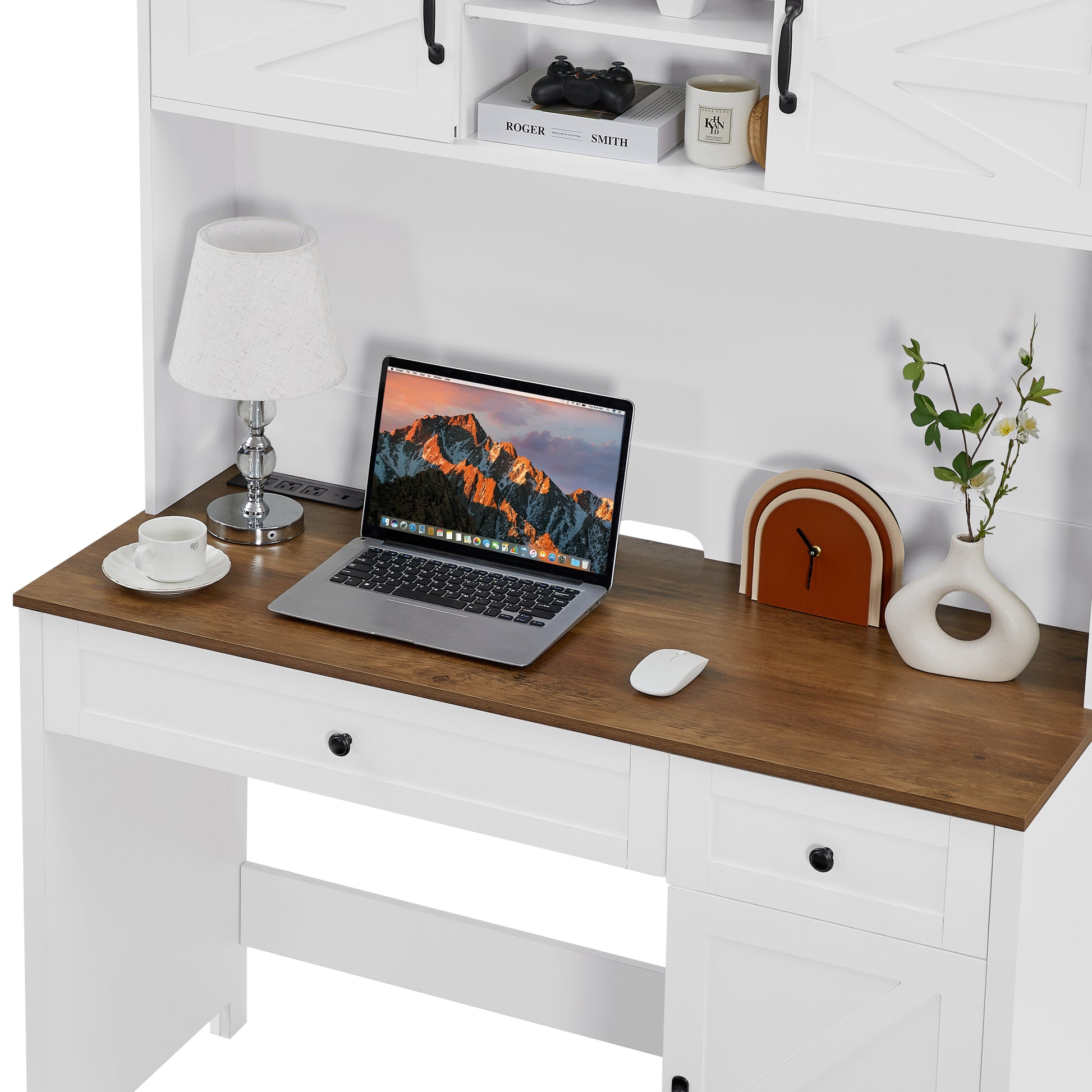 52" Farmhouse Executive Desk With Drawers, Wood Home Office Desk W Charging Station, File Drawer, Storage Cabinet, Rustic Computer Writing Desk Antique White White White Particle Board