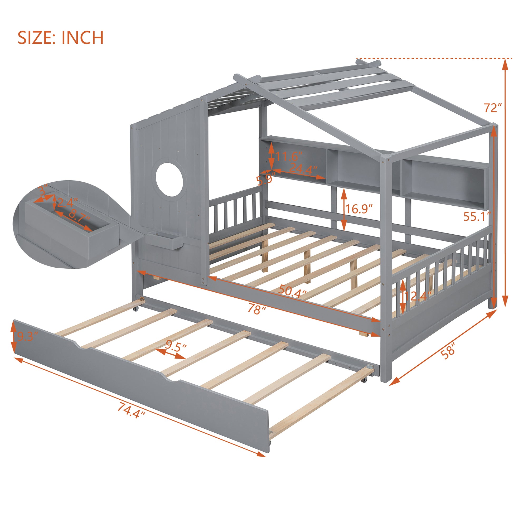 Wooden Full Size House Bed With Trundle, Modern Design For Kids With Storage Shlef, Gray Full Gray Solid Wood