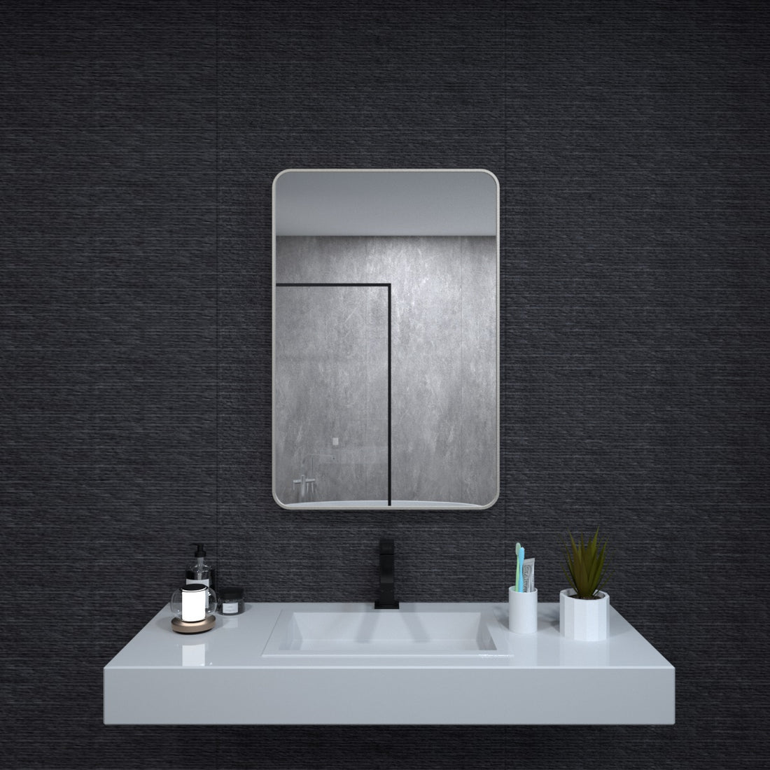 24X36 In. Aluminum Framed Rounded Rectangle Bathroom Wall Mirror, Brushed Nickel Bathroom Vanity Mirror Farmhouse, Anti Rust, Tempered Glass Mirrors, Hangs Horizontally Or Vertiy Brushed Nickel Aluminum