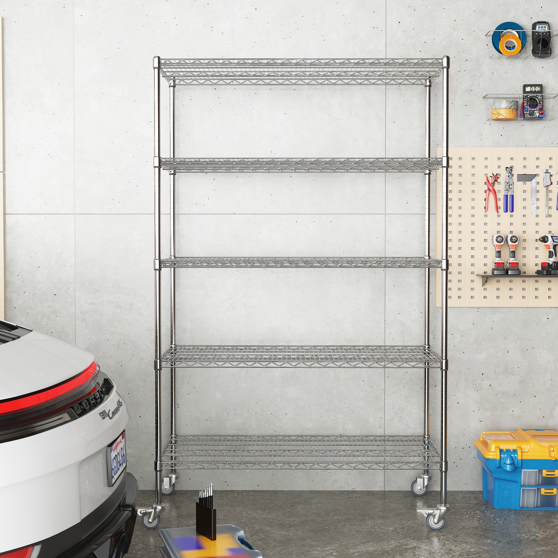 72" H Metal Large Storage Shelves With Wheels, Metal Shelving With Chrome, Adjustable 5 Tier Sturdy Metal Shelves For Storage Shelving,Kitchen,Garage 5 Silver Primary Living Space Metal Modern