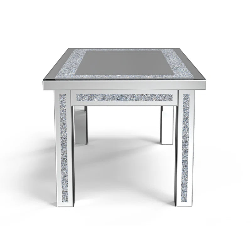 63" Glass Top Dining Table Crystal Diamond Inlay Silver Mirrored Finish Desk And Hutch Primary Living Space Modern Freestanding Rectangular Kitchen & Dining Tables Glossy Rectangular Mdf Glass