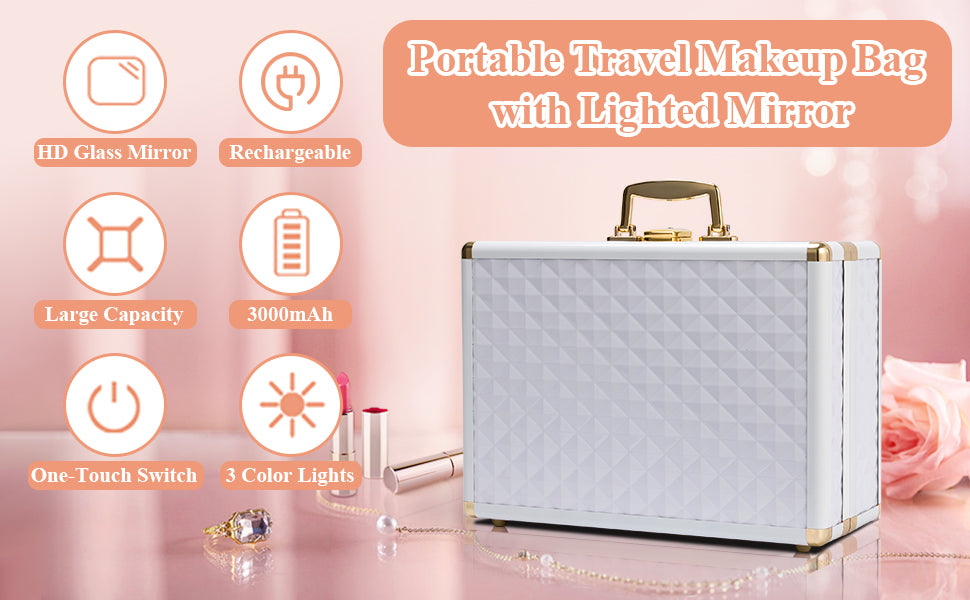 Portable Makeup Case With Led Mirror Travel Makeup Bag Cosmetic Organizer Box With Locks, Brush Holder, Dividers, Rechargeable, White White Aluminium Alloy