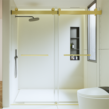 68 72 Inches *76 Inches Frameless Double Sliding Soft Close Shower Door, 3 8 Inches 10Mm Thick Sgcc Tempered Glass Door, Brushed Gold Brushed Gold Glass Metal