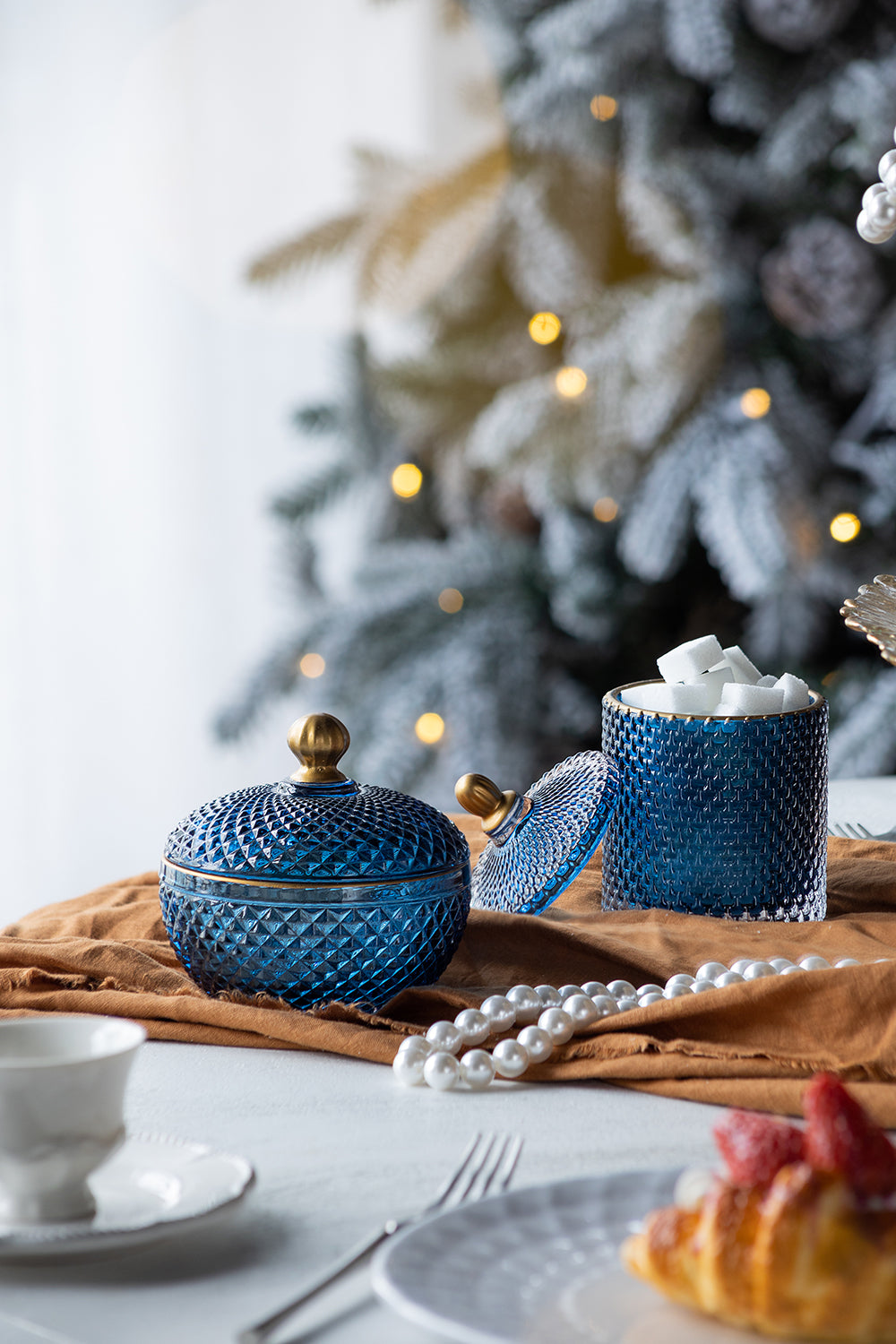 S 2 Glass Candy Jar With Lid, Christmas Candy Jar Containers, Blue Gold Blue Glass