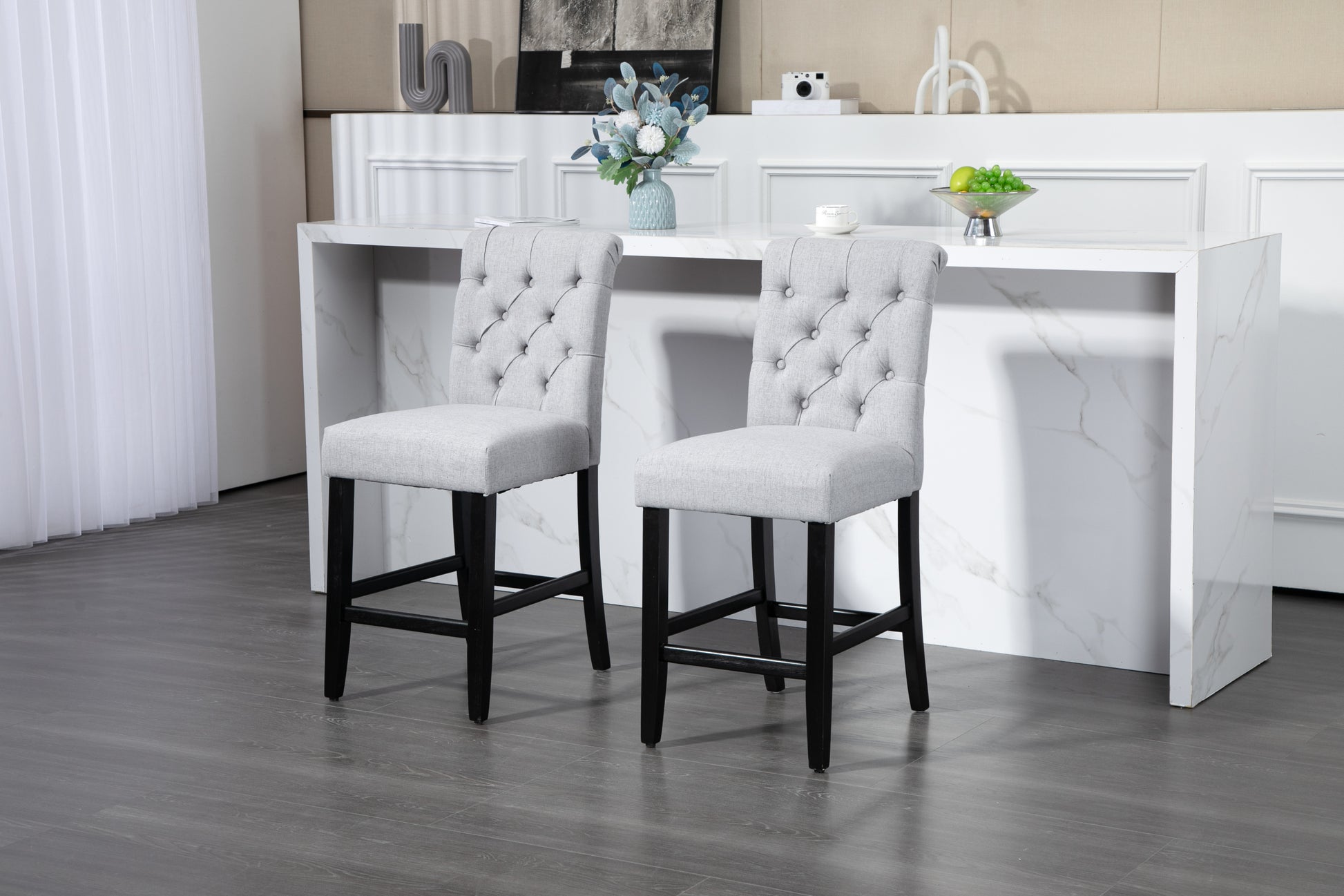 Counter Height Bar Stools Set Of 2 Tufted Linen Barstools Mid Century Wood Bar Stools With Back For Kitchen Island Indoor, Set Of 2 Gray Rubber Wood
