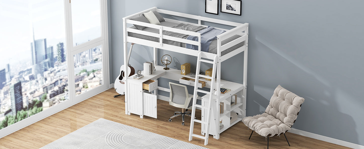 Twin Size Loft Bed With U Shaped Desk, Drawers And Storage Shelves, White Box Spring Not Required Twin White Wood Bedroom Solid Wood Mdf
