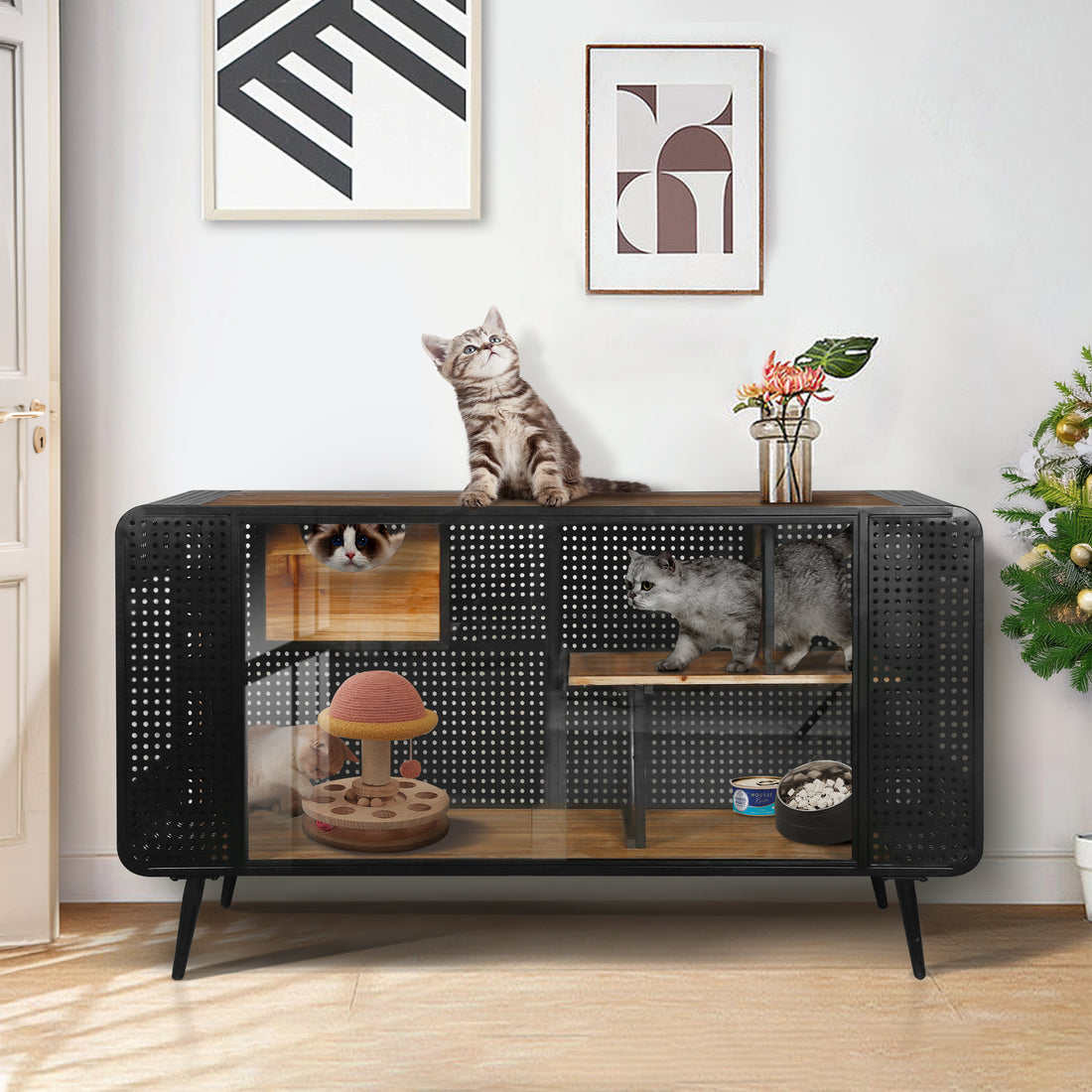 55.12 "Spacious Cat House With Tempered Glass, For Living Room, Hallway, Study And Other Spaces Black Brown Metal & Wood