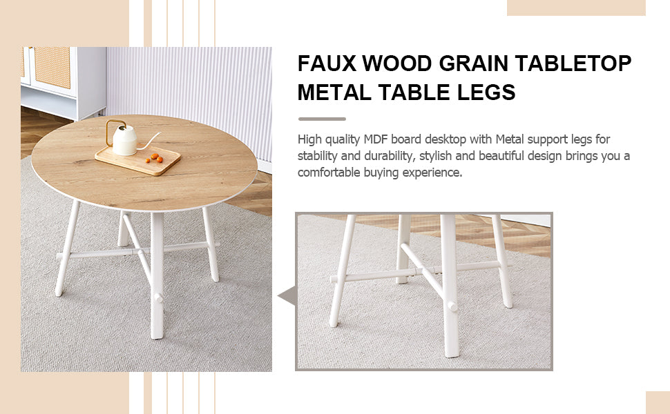 A Modern And Minimalist Circular Dining Table With A 42 Inch Diameter Wood Colorer Patterned Tabletop And White Metal Legs. Suitable For Restaurants, Living Rooms, And Conference Rooms. Brown White Mdf Metal