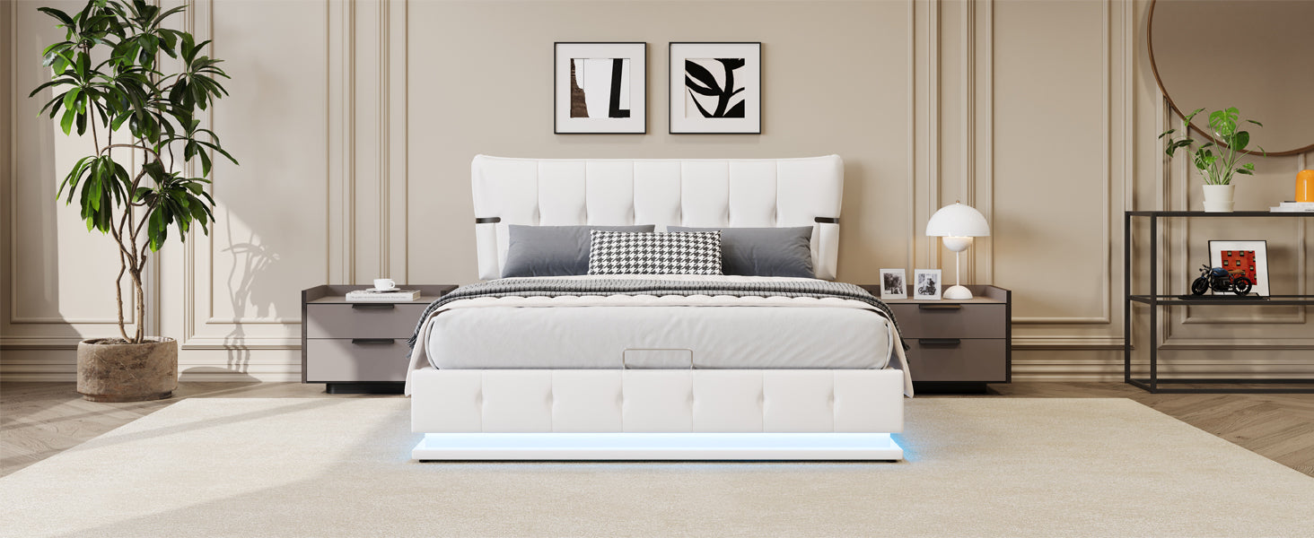 Upholstered Platform Full Size Hydraulic Storage Bed, Lift Up Storage Bed With Rgb Led Light, Pu Leather Headboard And Footboard, No Box Spring Needed, White Full White Wood Metal