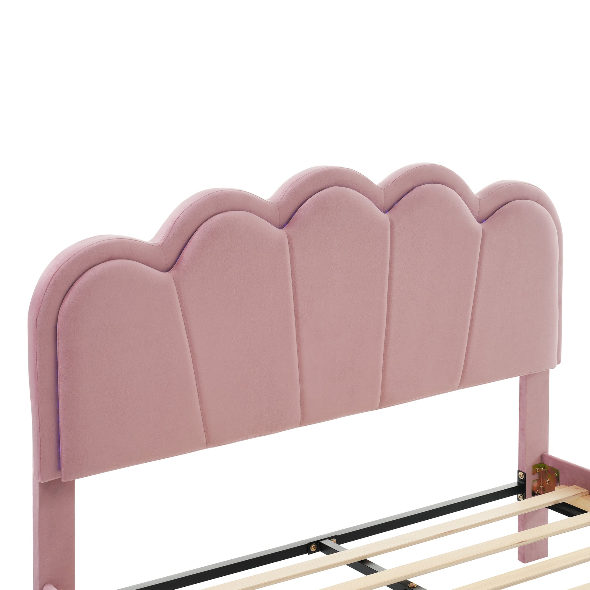 Queen Upholstered Smart Led Bed Frame With Elegant Flowers Headboard,Floating Velvet Platform Led Bed With Wooden Slats Support,Pink Pink Velvet