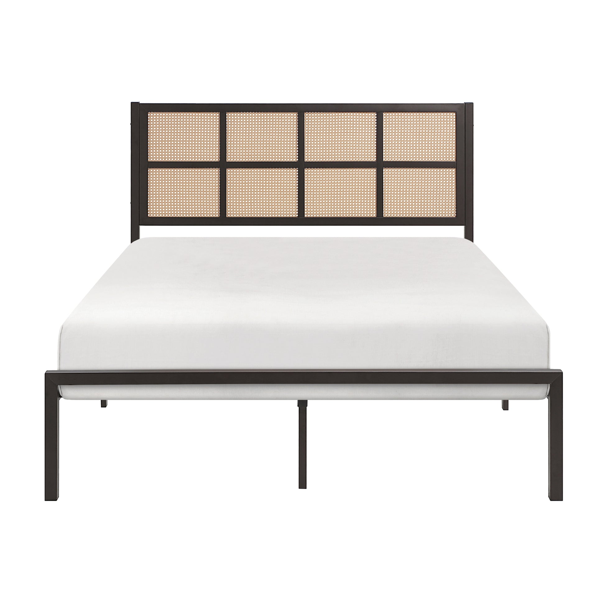 1Pc Full Platform Bed, Metal Frame Dark Bronze Finish Faux Cane Panel Headboard Casual Coastal Bedroom Furniture, Bed In A Box Box Spring Not Required Full Bronze Metal Bedroom Casual,Coastal Metal