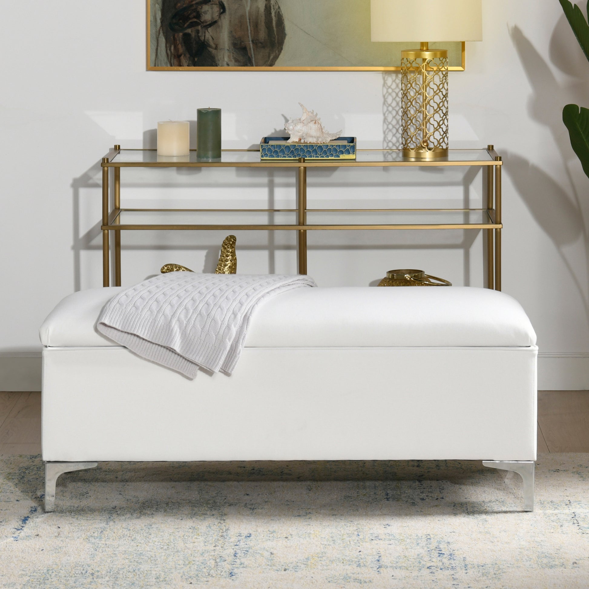 Madelyn 49" Modern Storage Bench, Bright White Dye White Foam Fabric