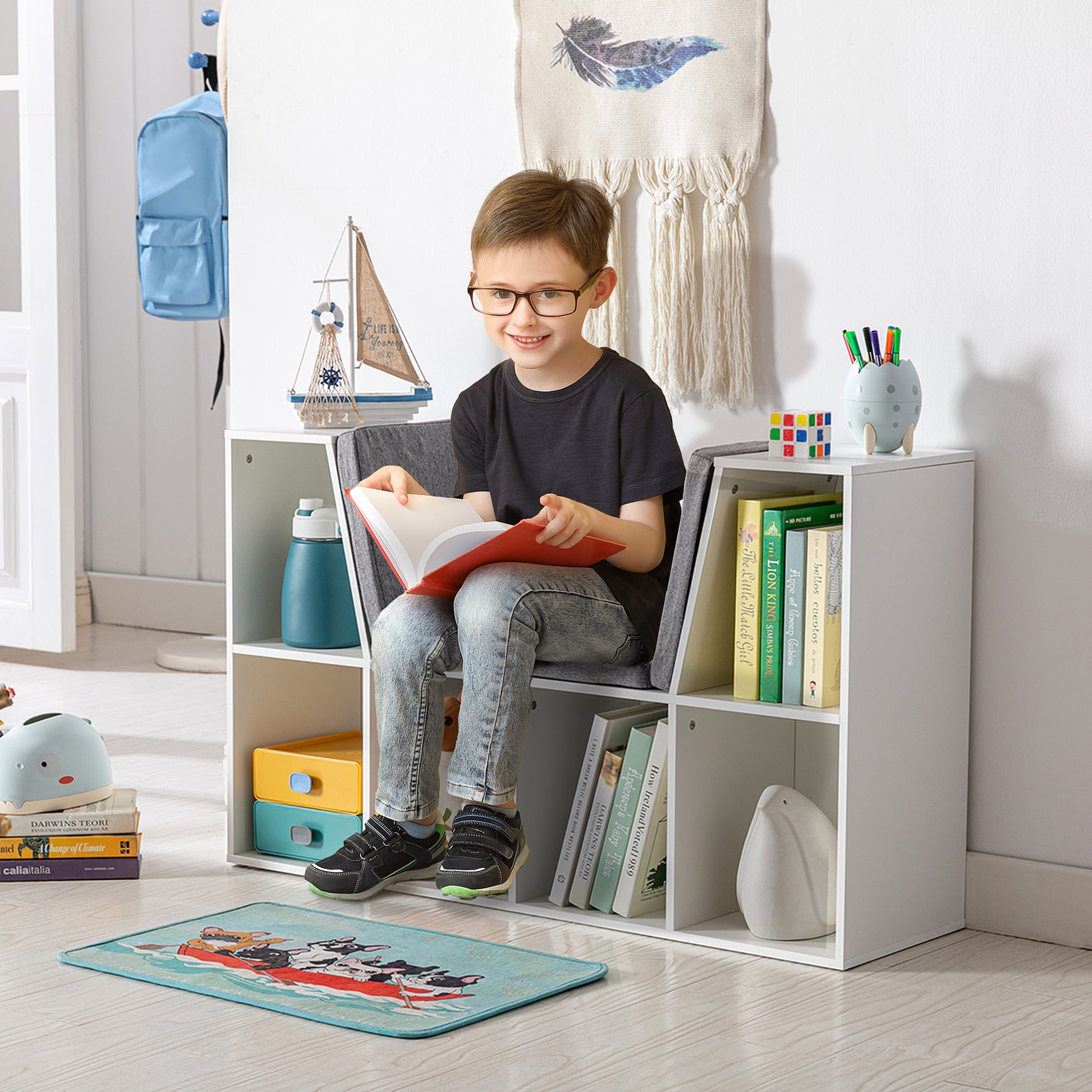 Homcom 6 Cubby Kids Bookcase With Reading Nook And Cushion, Multi Purpose Storage Organizer For Bedroom, Living Room, Pure White White Mdf
