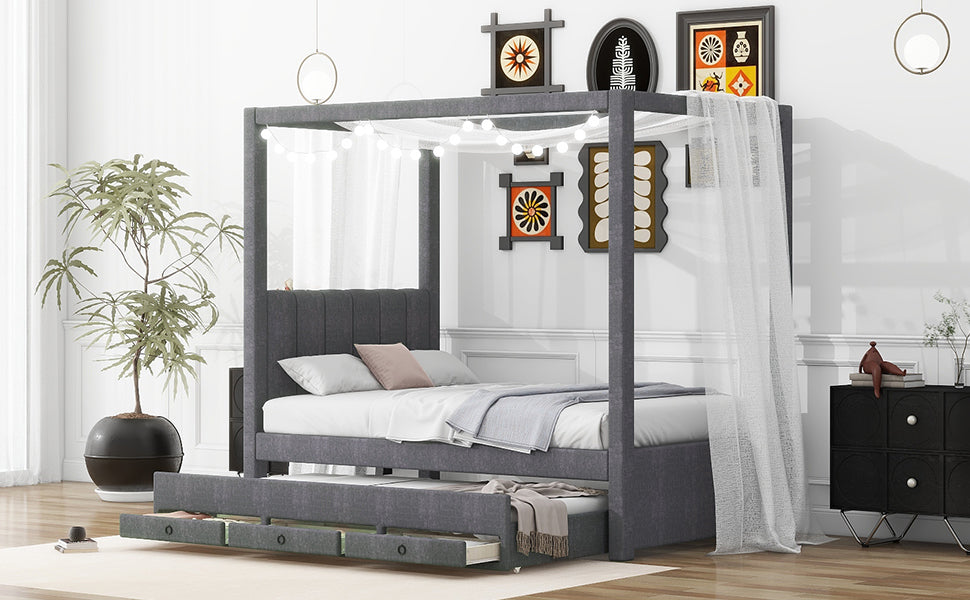 Twin Size Upholstery Canopy Platform Bed With Trundle And Three Storage Drawers, Gray Twin Gray Upholstered