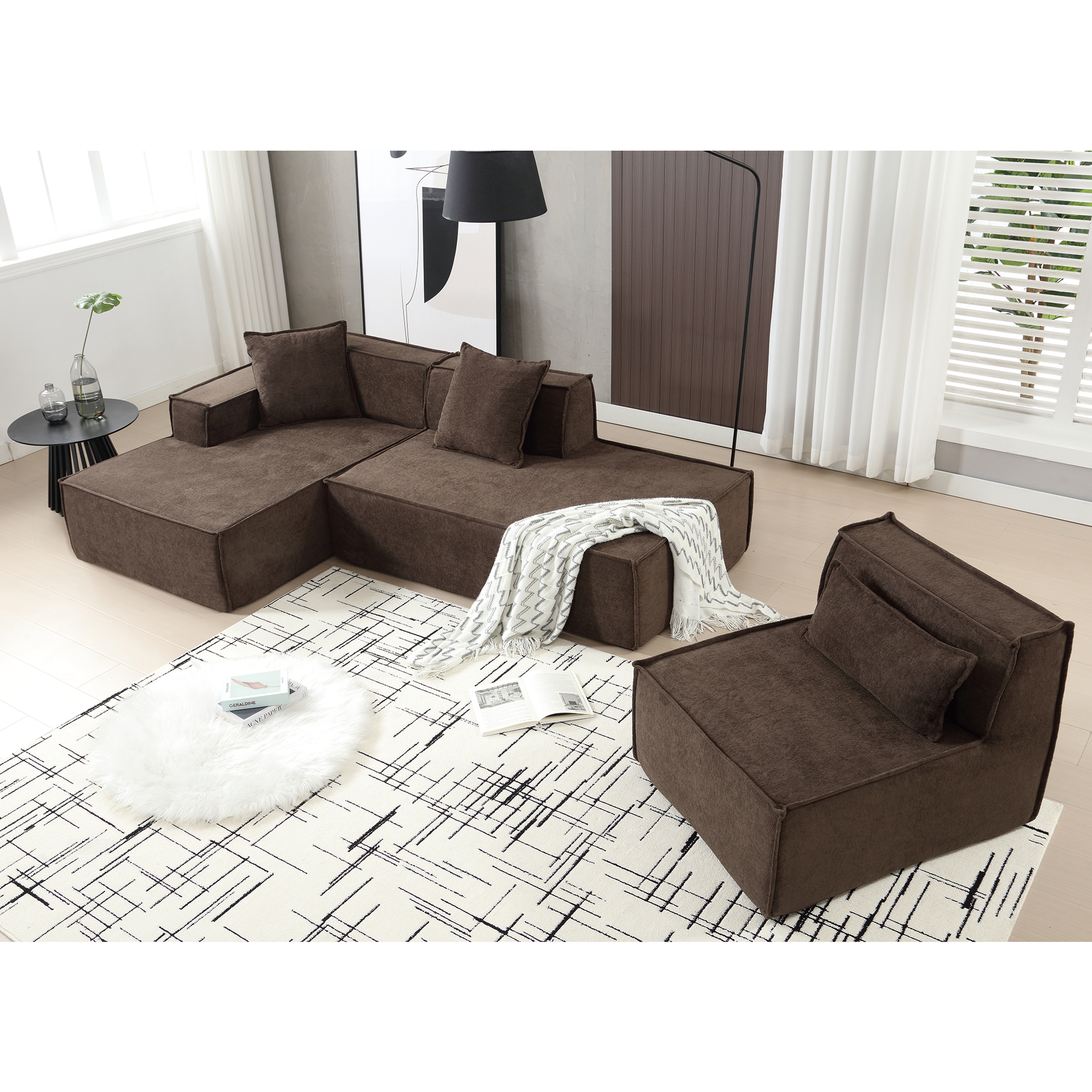 Modular Combination Living Room Sofa Set, Modern Minimalist Sofa, Free Installation Sofa, L Shaped, Italian Minimalist Tofu Block Sofa, Left Hand Facing,Terrycloth Fabric,Dark Brown Dark Brown Polyester Primary Living Space Soft Modern Polyester 3 Seat