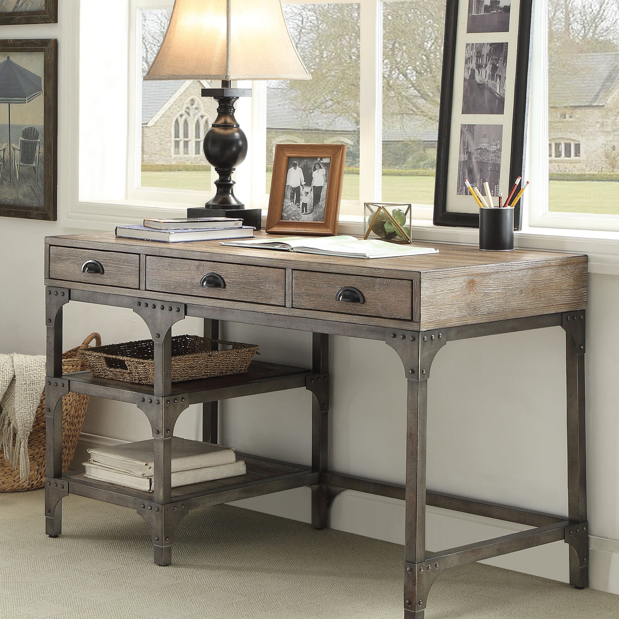 Weathered Oak And Antique Silver 3 Drawer Writing Desk Oak Silver Writting Desk Office Industrial Freestanding Rectangular Drawers Wood Metal