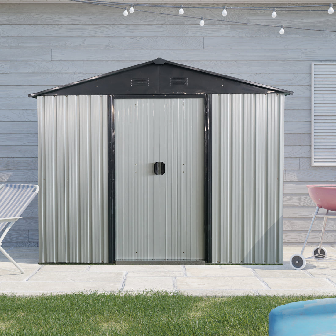 8Ft X 4Ft Outdoor Metal Storage Shed With Sliding Door And Foundation For Backyard, Patio, Lawn White And Black White Black Metal