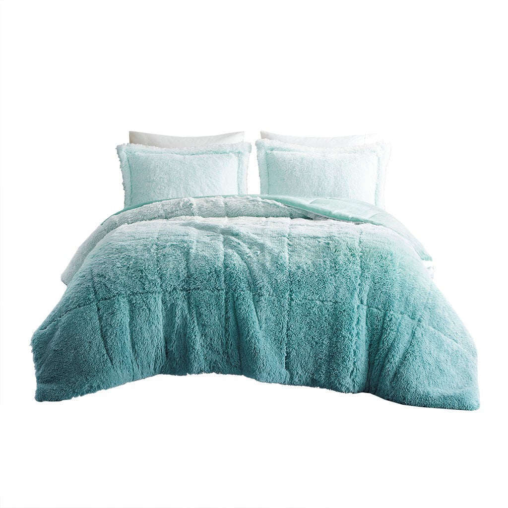 Ombre Shaggy Long Fur Comforter Mini Set Twin Aqua Polyester