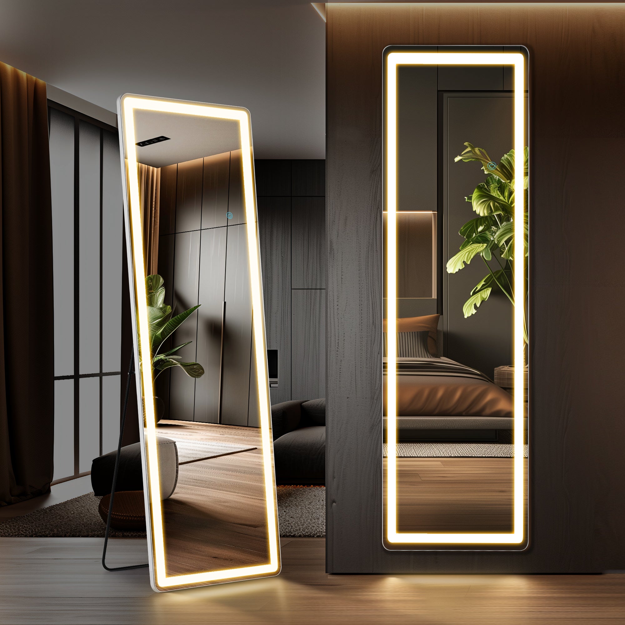 3 Color Lighting Mirror With Led Lights, 60"X16" Lighted Floor Standing Mirror With Stand Black Fiberglass