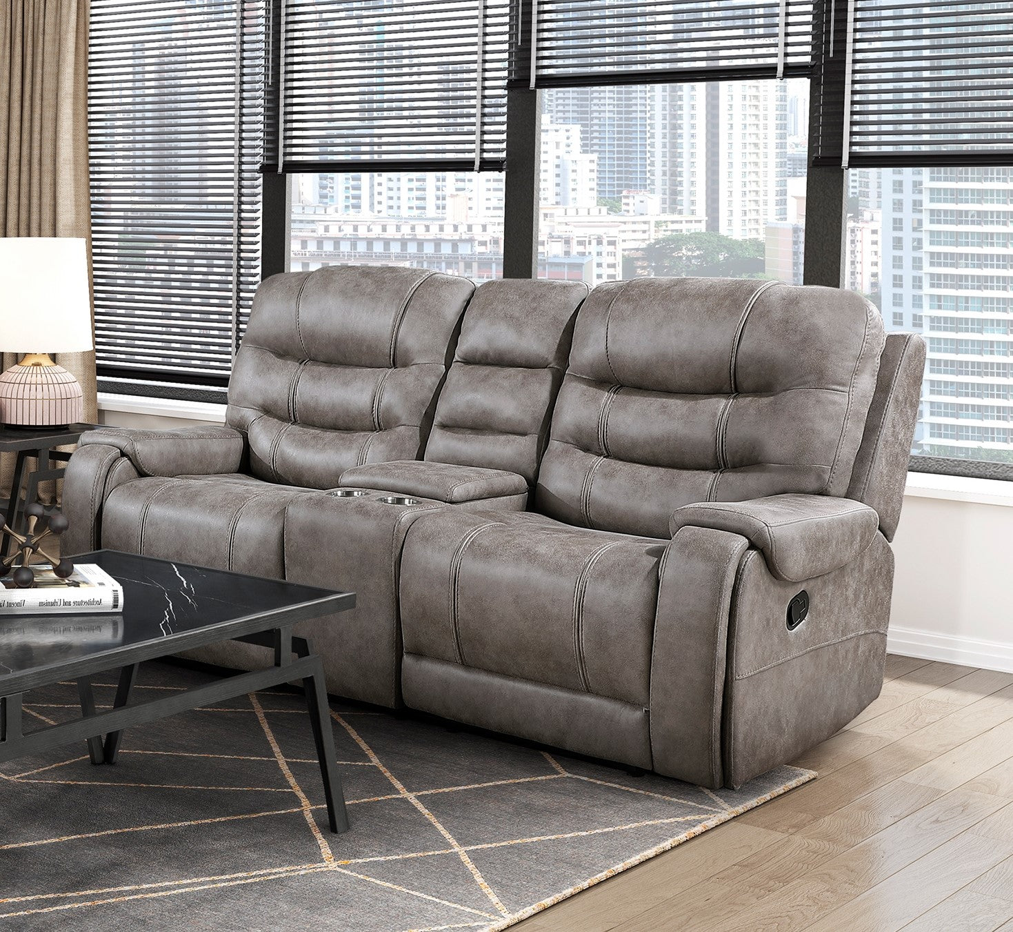 Modern Living Room 1Pc Double Reclining Loveseat With Center Console, Polished Microfiber Upholstery, Plush Seating, Grayish Brown Solid Wood Frame Furniture Brown Gray Microfiber Wood Primary Living Space Modern Plywood,Solid Wood