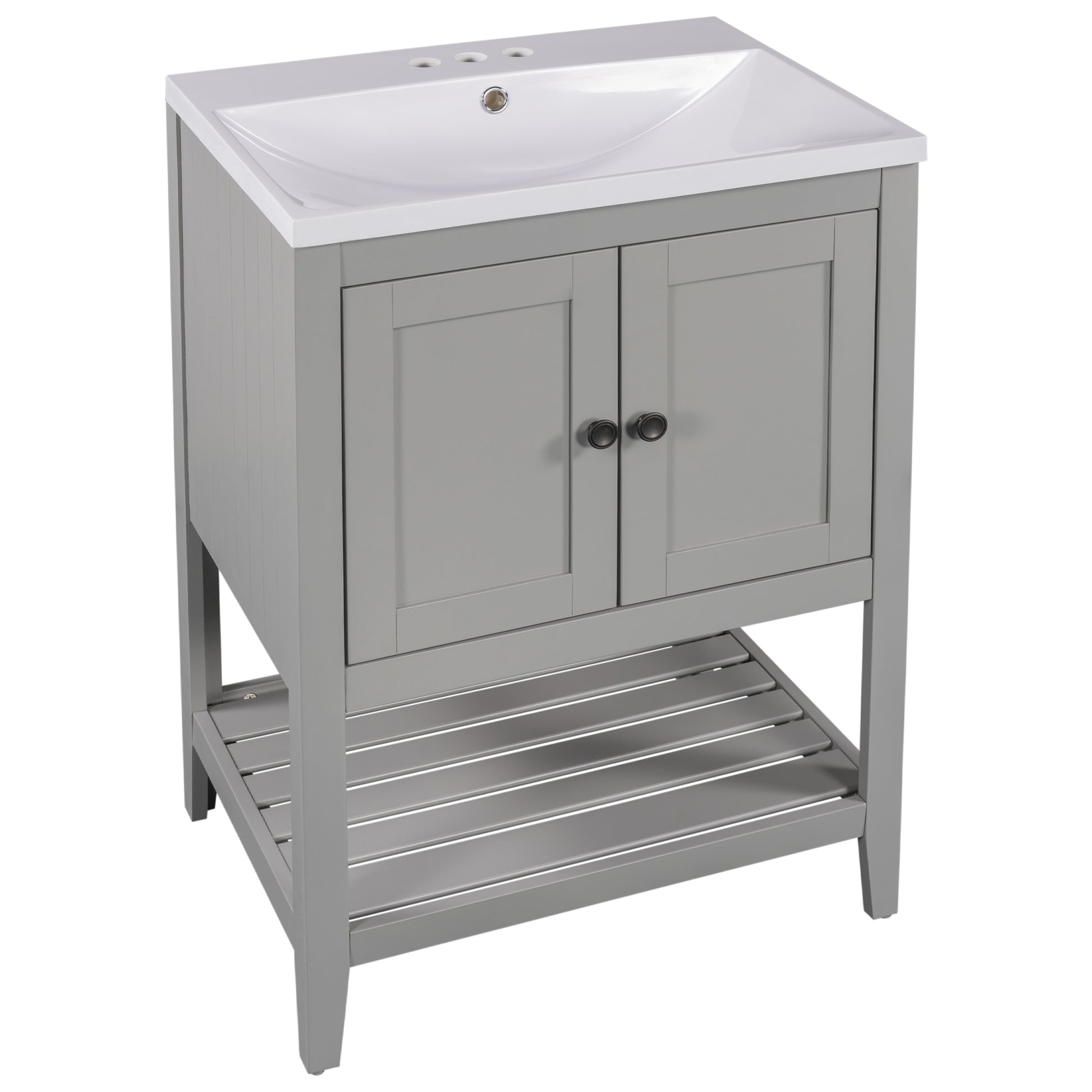 Video 24" Grey Modern Sleek Bathroom Vanity Elegant Ceramic Sink With Solid Wood Frame Open Style Shelf Old Sku: Jl000004Aae Grey Solid Wood