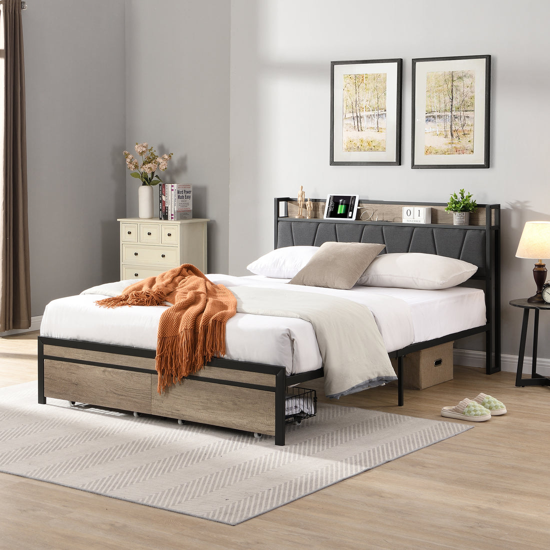 Full Size Metal Platform Bed Frame With Upholstery Storage Function Headboard And Usb Liner And Footboard With Drawers, No Box Spring Needed, Large Under Bed Storage, Easy Assemble Full Black Grey Mdf Metal