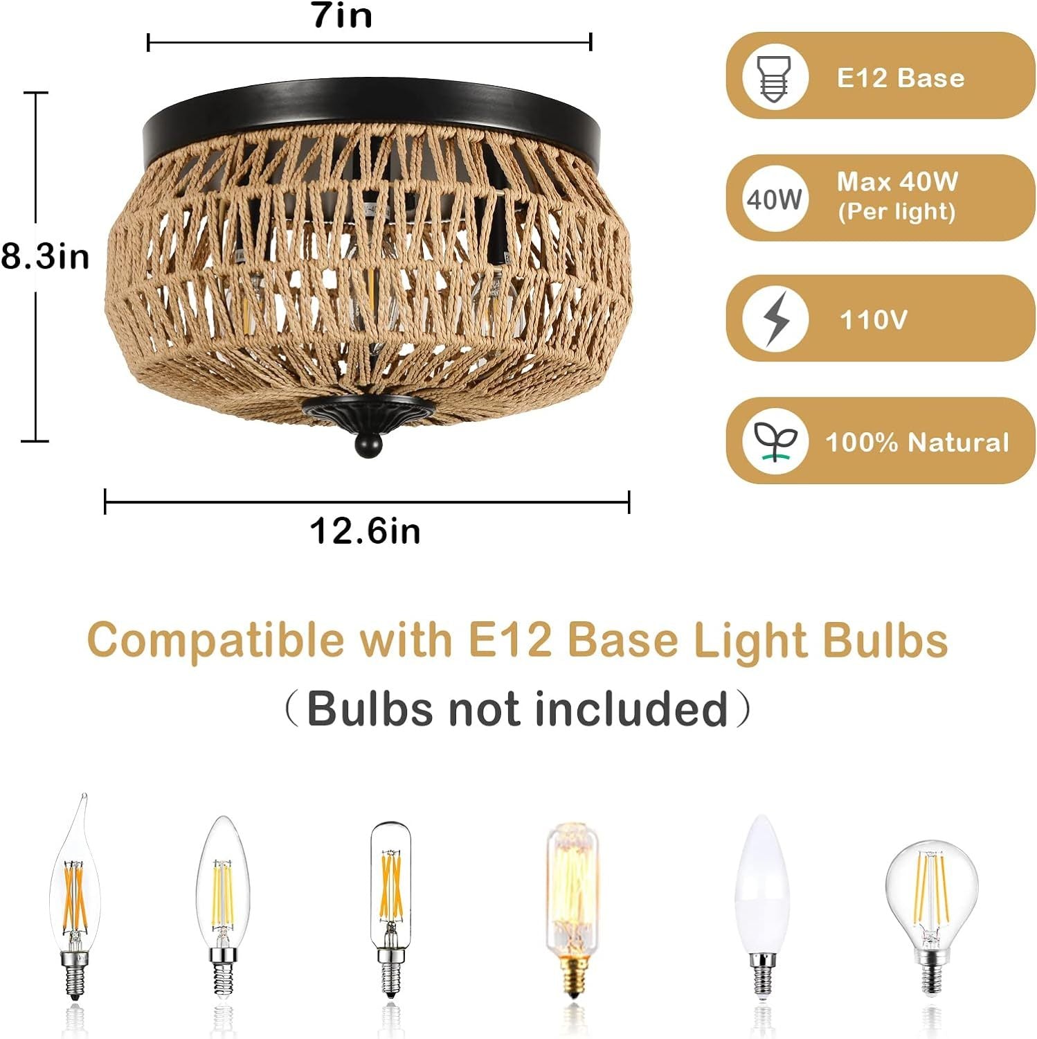 3 Lights Woven Rattan Flush Mount Ceiling Light Fixture With Hand Worked Cage Shade For Bedroom, Kitchen, Foyer, Porch Brown Rattan Metal